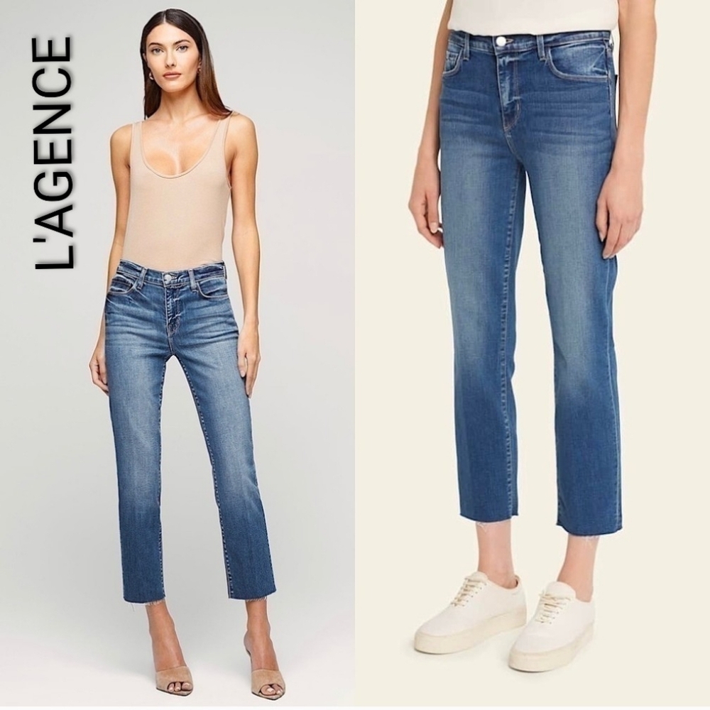 $255 L'Agence Luna Straight Leg Raw Hem High Rise Ankle Denim Blue Jeans Pants29